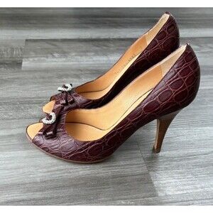 Giuseppe Zanotti Croc Embossed Peep Toe Heels Size 6.5 Reddish Brown Leather